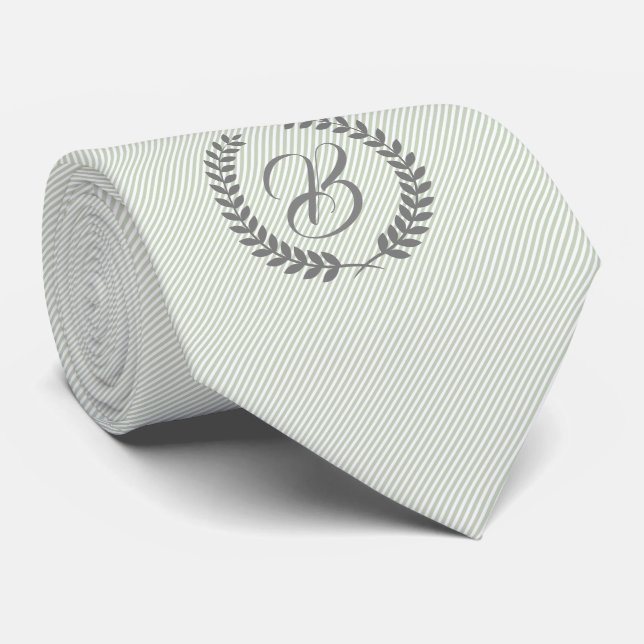 Grey Wreath With Monogram Mint-Green Tin Stripes Tie (Rolled)