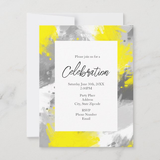Grey Yellow Abstract Brushstrokes  Invitation (Front)