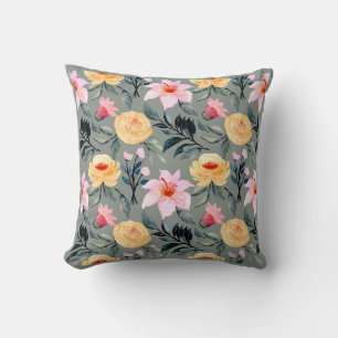 Grey Yellow and Pink Flowers Pillow