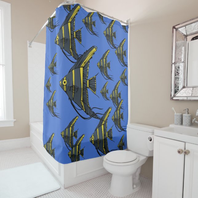 Grey & Yellow Angelfish Shower Curtain (In Situ)