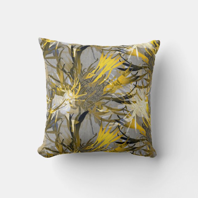Grey & Yellow Artistic Abstract Floral Cushion (Front)