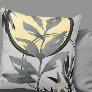 Grey & Yellow Artistic Abstract Watercolor Leaf Cushion
