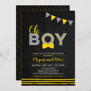 Grey & Yellow   Chalkboard "Oh Boy" Baby Shower Invitation