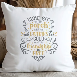 Grey Yellow Come Sit on the Porch Floral Fun Cushion