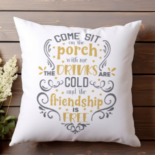Grey Yellow Come Sit on the Porch Floral Fun Cushion