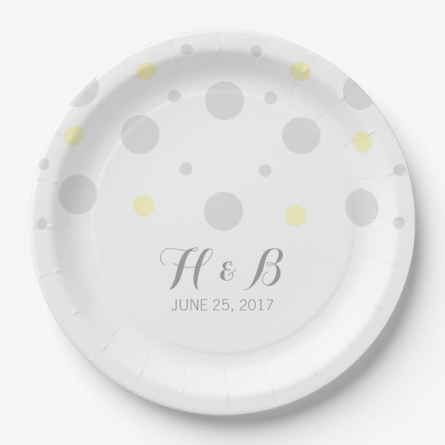 Grey Yellow Confetti Wedding Paper Plates (Front)