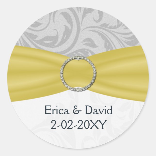 Grey Yellow  FAUX ribbon diamante buckle Wedding Classic Round Sticker (Front)