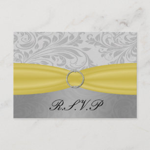 Grey Yellow FAUX ribbon diamante buckle Wedding RSVP Card