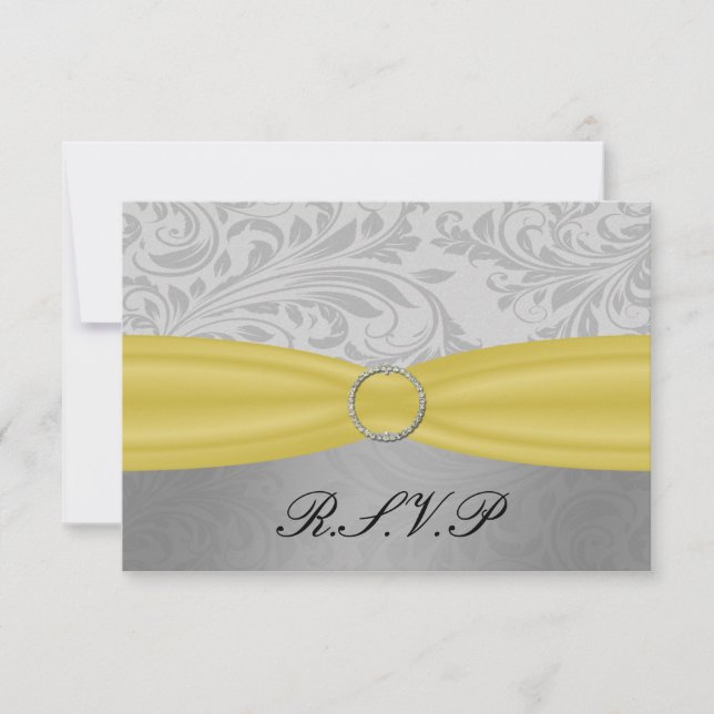 Grey Yellow  FAUX ribbon diamante buckle Wedding RSVP Card (Front)