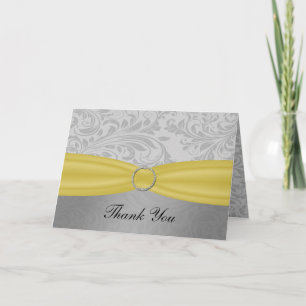 Grey Yellow  FAUX ribbon diamante buckle Wedding Thank You Card