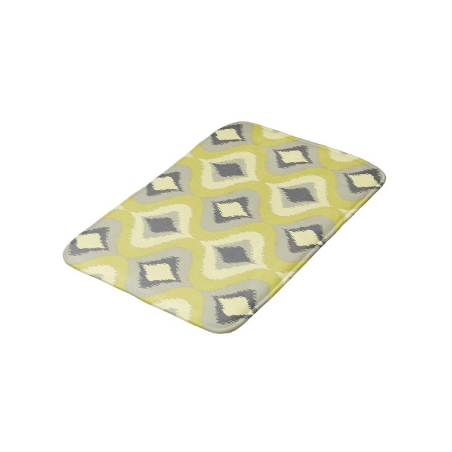 Grey Yellow Green Ochre Retro Ikat Drops Pattern Bath Mat (Angled)