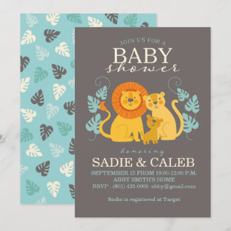 Grey, Yellow, Jungle Lion Baby Shower Invitation