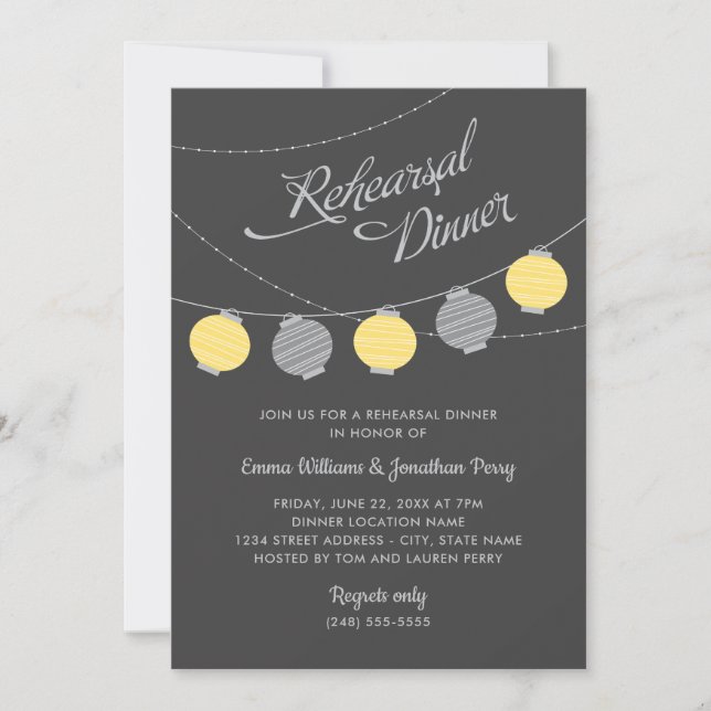 Grey Yellow Lantern Wedding Rehearsal Dinner Invitation (Front)