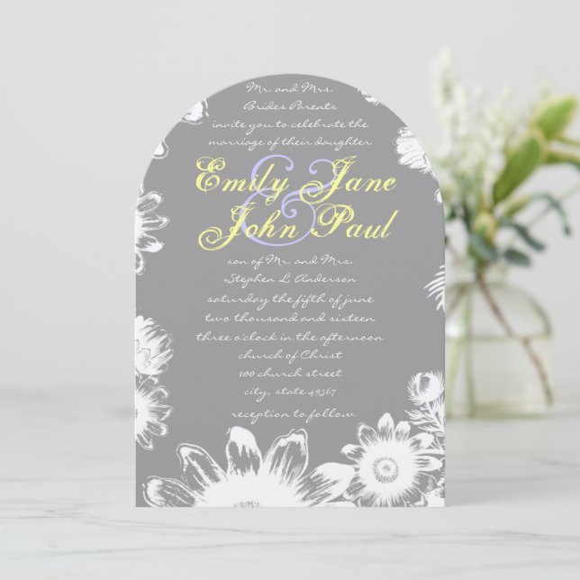 Grey Yellow Lilac Rustic Floral Wedding Invitation (Standing Front)