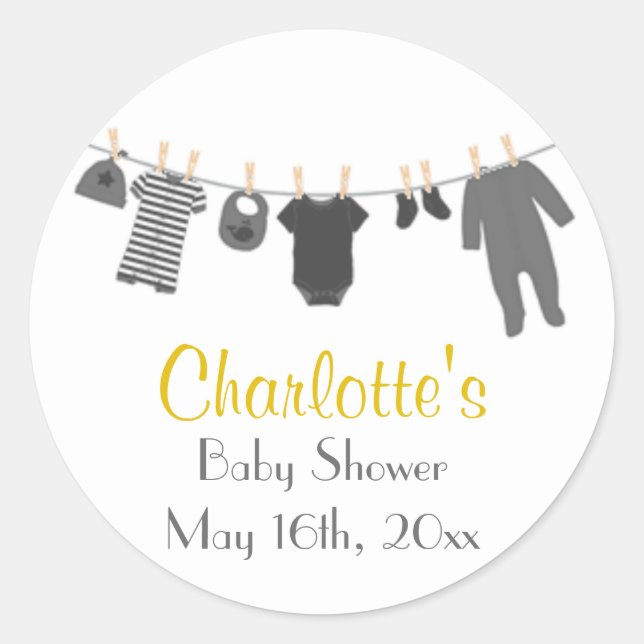 Grey & Yellow Little Clothes Baby Shower Stickers (Front)