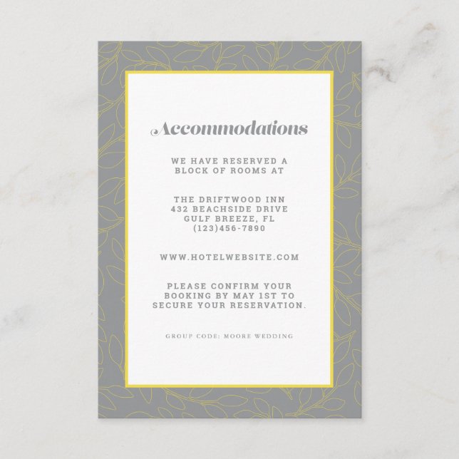 Grey & Yellow Modern Accommodation Wedding  Detail Enclosure Card (Front)