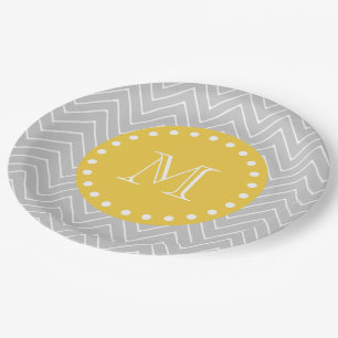 Grey & Yellow Modern Chevron Custom Monogram Paper Plate