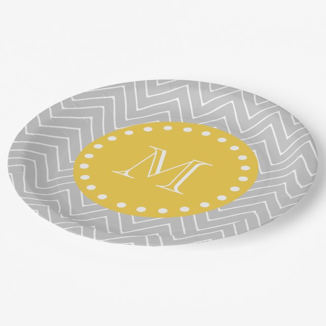 Grey & Yellow Modern Chevron Custom Monogram Paper Plate (Angled)