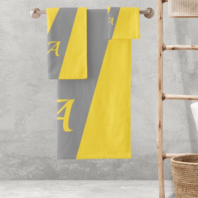 Grey yellow modern elegant chic bold monogrammed bath towel set (Creator Uploaded)