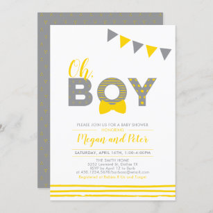 Grey & Yellow   Modern Typography Boy Baby Shower Invitation