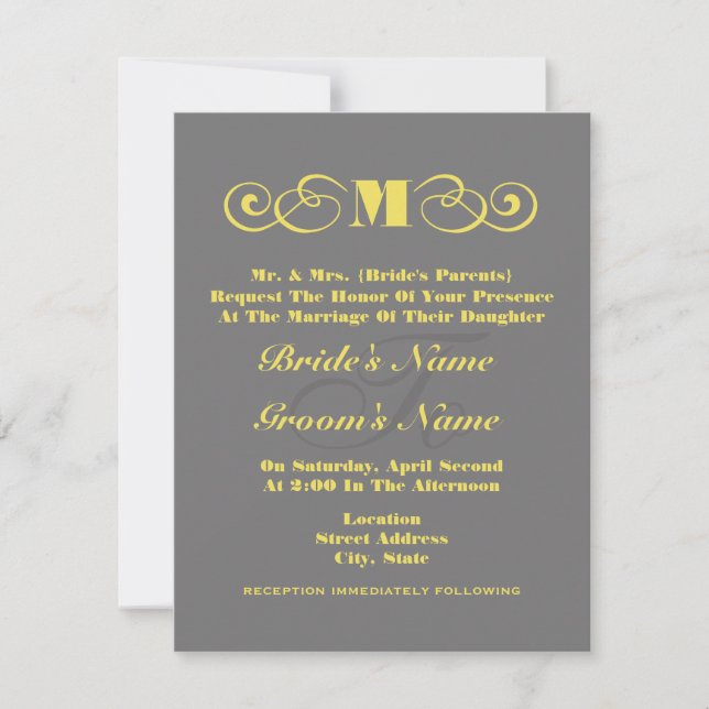 Grey & Yellow Monogram Wedding Invite (Front)