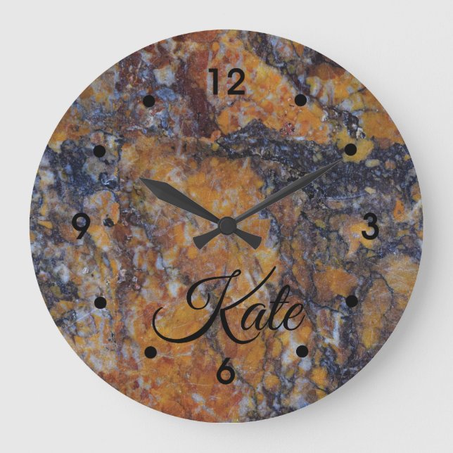 Grey Yellow Ochre Rust Marble Image Black Name Large Clock (Front)