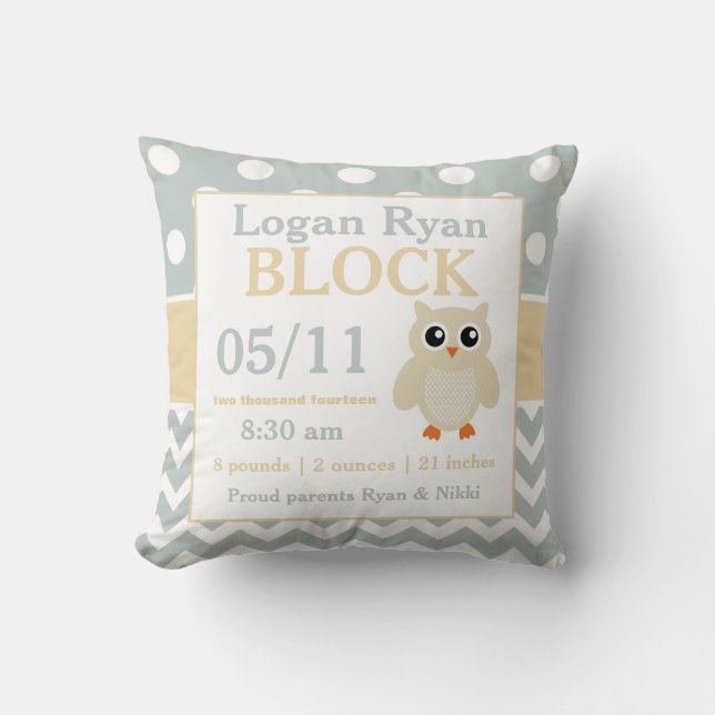 Grey Yellow Owl Baby Announcement Pillow (Front)