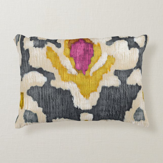 Grey Yellow Pink Tribal Ikat Decorative Cushion (Front)