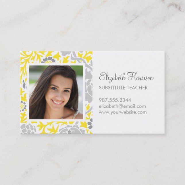 Grey & Yellow Retro Floral Damask Custom Photo Business Card (Front)