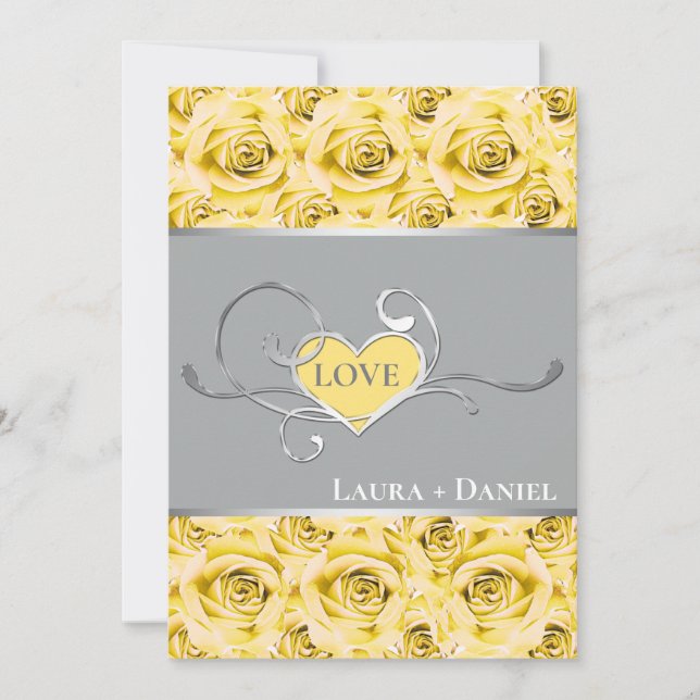 Grey, Yellow Roses Wedding Invitation 2 (Front)