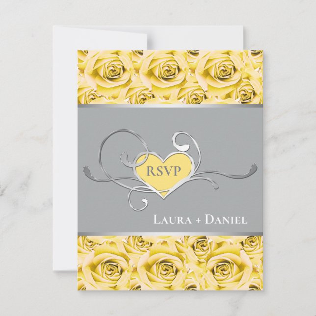 Grey, Yellow Roses Wedding RSVP Card (Front)