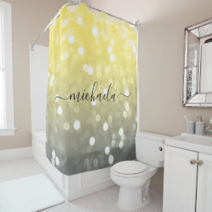 Grey yellow sparkly bokeh Custom name Shower Curtain