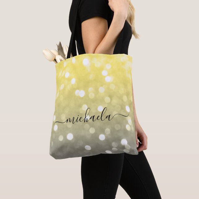 Grey yellow sparkly bokeh Custom name Tote Bag (Close Up)