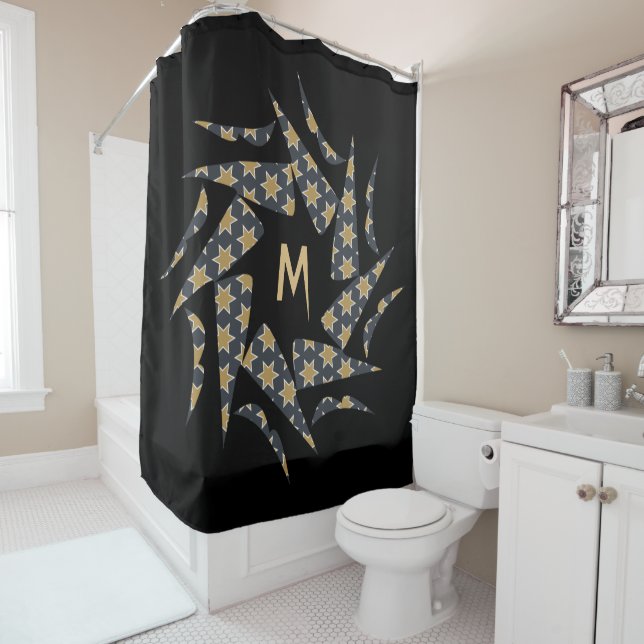 Grey Yellow Star Triangle Pattern Monogram Shower Curtain (In Situ)