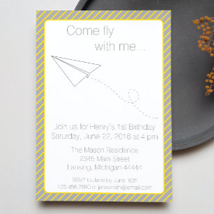Grey Yellow Striped Paper Aeroplane Birthday Invit Invitation