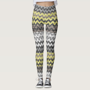 Grey Yellow White Chevron Pattern Burlap Look Leggings
