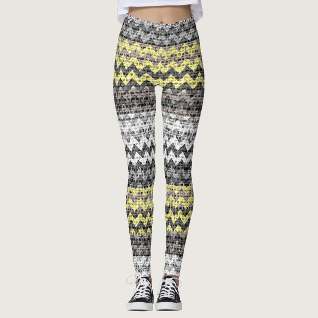 Grey Yellow White Chevron Pattern Burlap Look Leggings (Front)