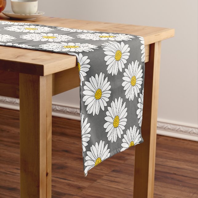 Grey Yellow White Daisy Pattern Short Table Runner (In Situ)