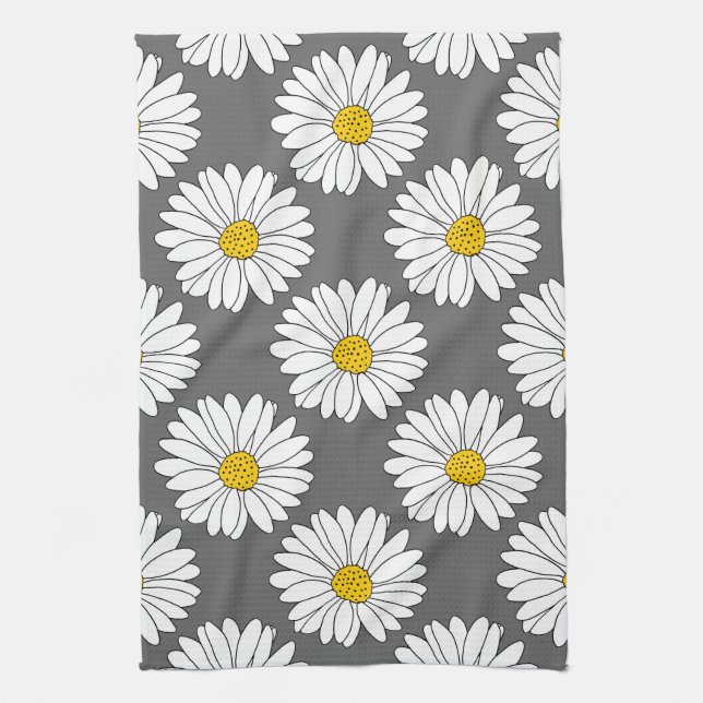 Grey Yellow White Daisy Pattern Tea Towel (Vertical)
