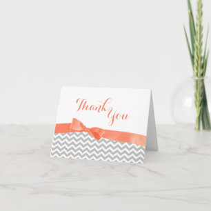 Grey Zigzag and Coral Bow Thank You Card