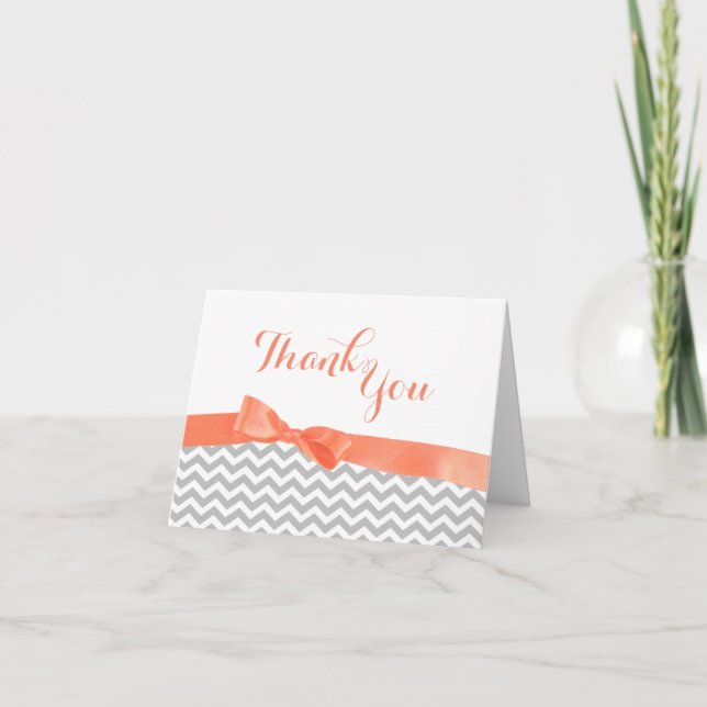 Grey Zigzag and Coral Bow Thank You Card (Front)