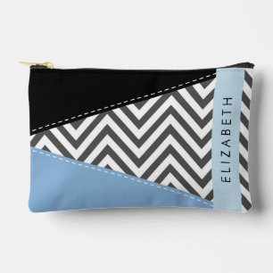 Grey Zigzag, Grey Chevron, Blue, Your Name Accessory Pouch