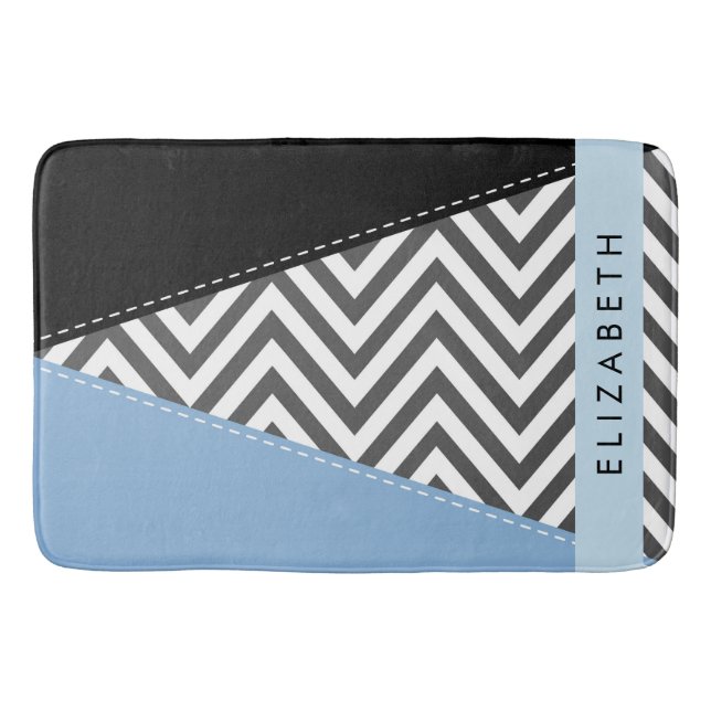 Grey Zigzag, Grey Chevron, Blue, Your Name Bath Mat (Front)