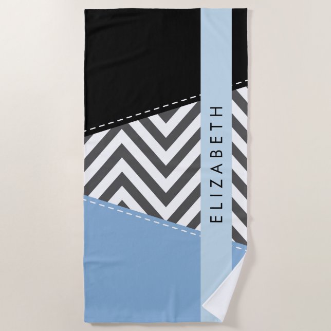 Grey Zigzag, Grey Chevron, Blue, Your Name Beach Towel (Front)