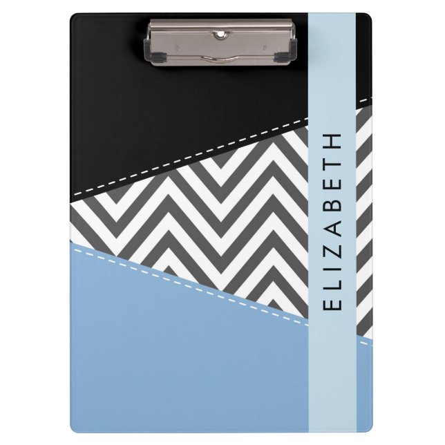 Grey Zigzag, Grey Chevron, Blue, Your Name Clipboard (Front)