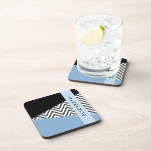 Grey Zigzag, Grey Chevron, Blue, Your Name Coaster