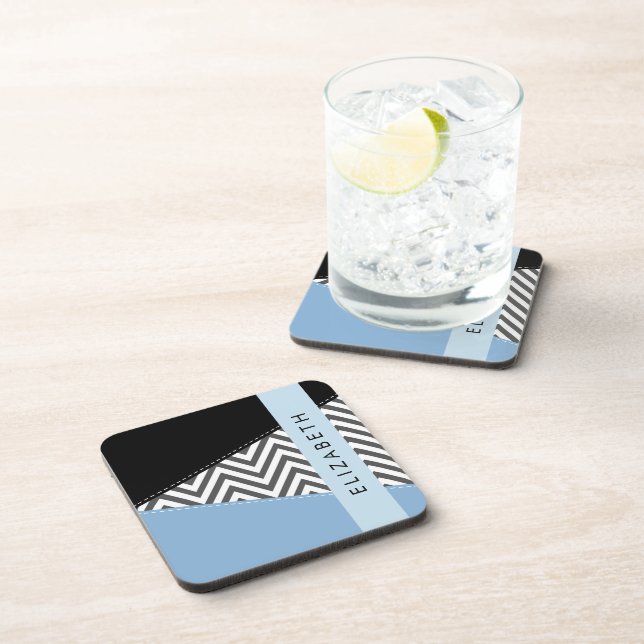 Grey Zigzag, Grey Chevron, Blue, Your Name Coaster (Right Side)
