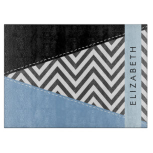 Grey Zigzag, Grey Chevron, Blue, Your Name Cutting Board