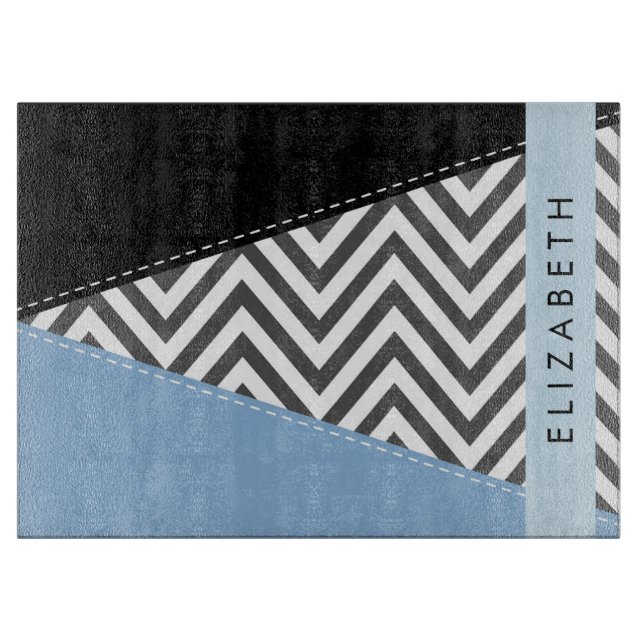 Grey Zigzag, Grey Chevron, Blue, Your Name Cutting Board (Front)