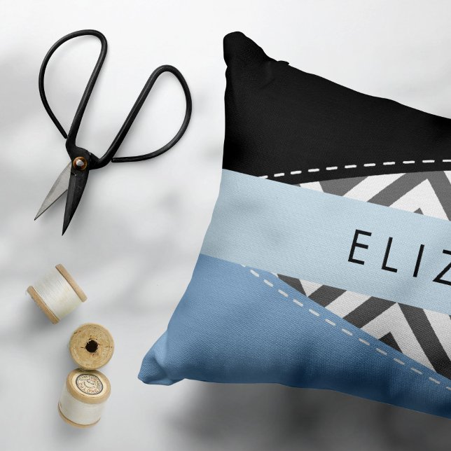 Grey Zigzag, Grey Chevron, Blue, Your Name Decorative Cushion (Creator Uploaded)